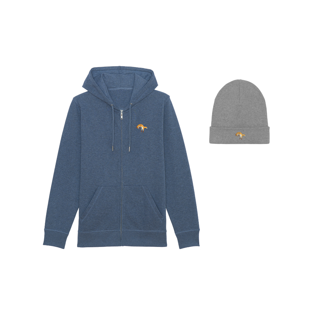 orsino Fuchsjagd Unisex  Zip Hoodie + Beanie Mid Heather Grey Set - Dark Heather Blue -