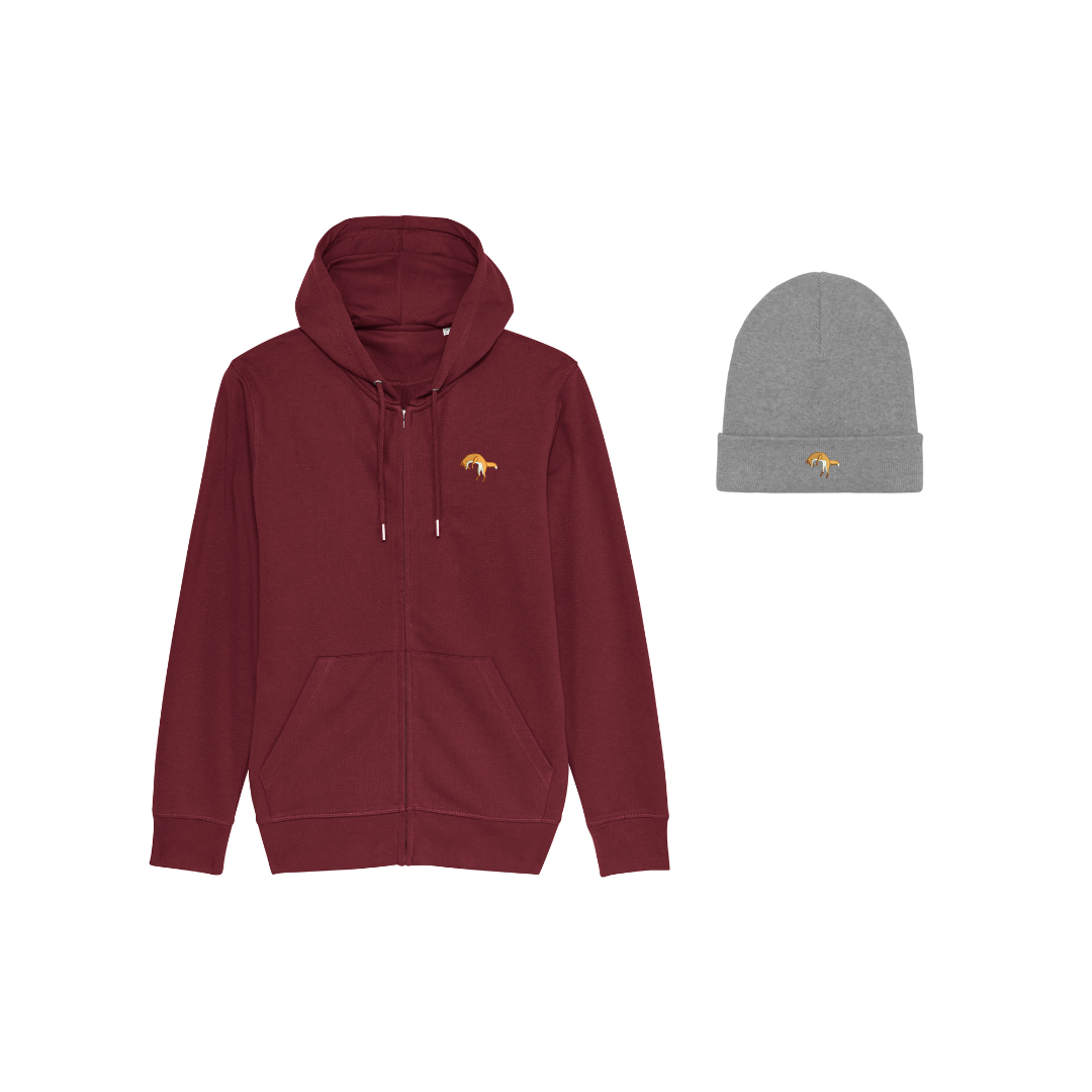 orsino Fuchsjagd Unisex  Zip Hoodie + Beanie Mid Heather Grey Set - Burgundy -